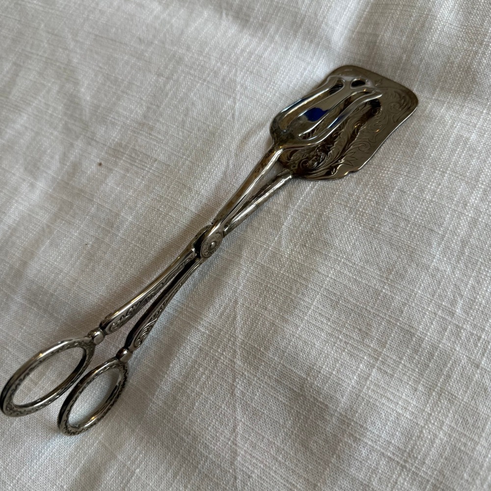 Vintage Silver Plated Scissor Pastry Tongs Floral Engraved EP Zinc Server 8.5"